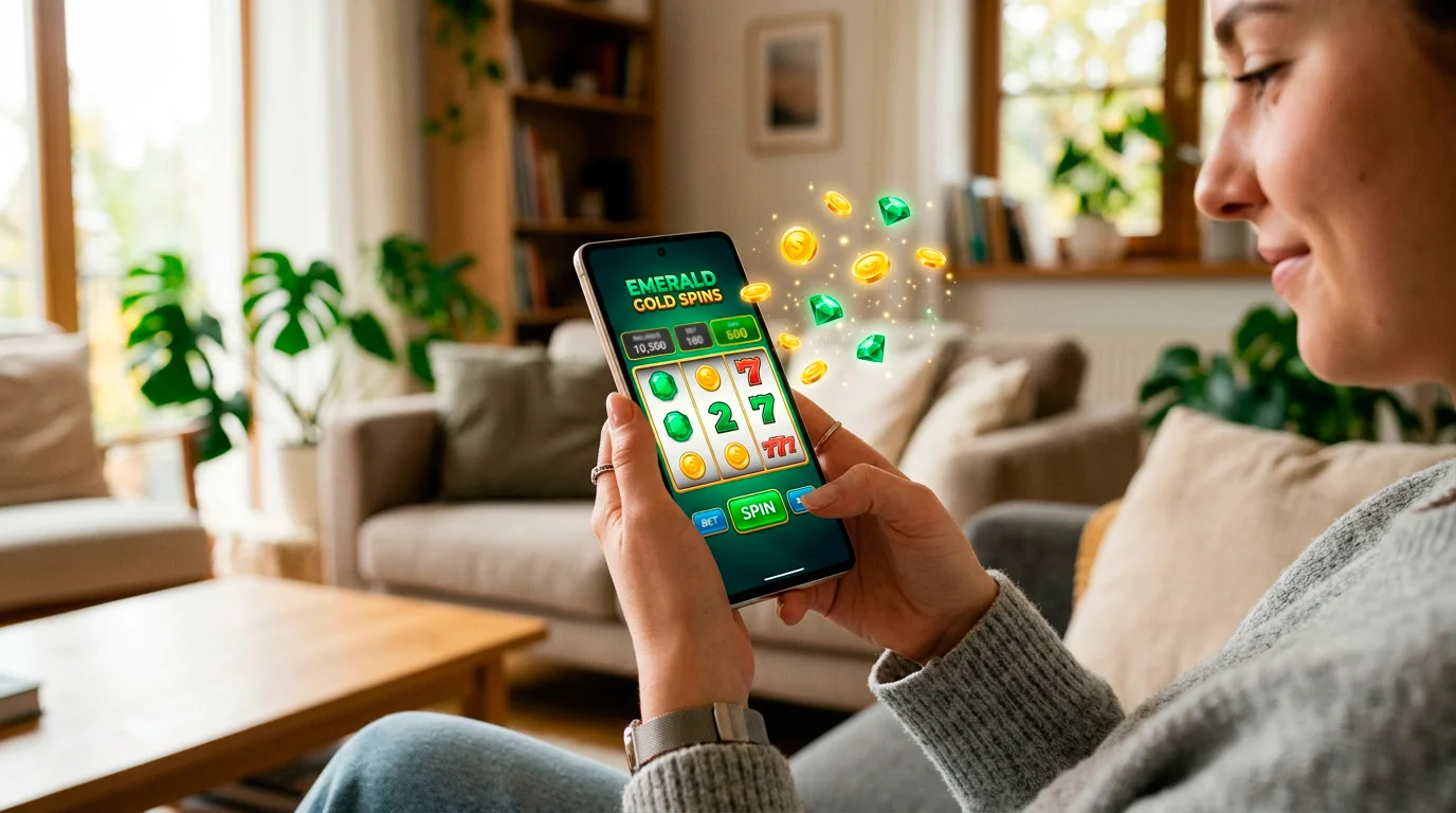 Sweeps coins slots gaming on smartphone with gold and emerald virtual coins