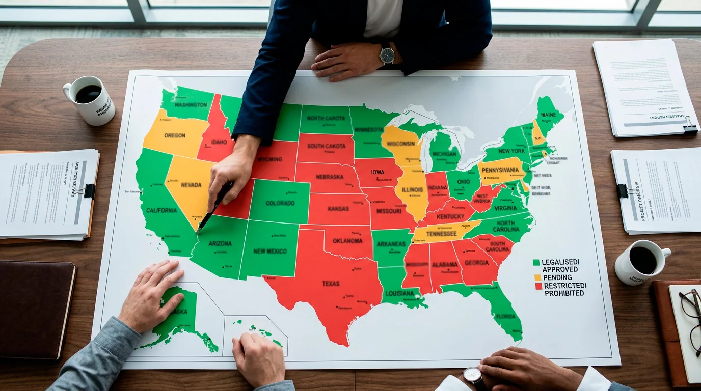 US map showing sweepstakes casino legal status by state in 2026